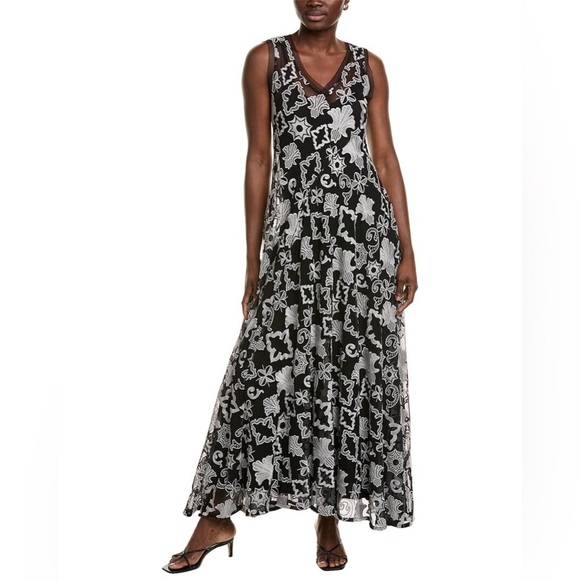 Biya Johnny Was Chloe Mazzy Bias Embroidered Mesh Maxi Dress Black and White - Picture 9 of 12